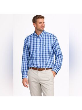 Nautica Men’s Button Down Shirt L Blue White Plaid 100% Cotton